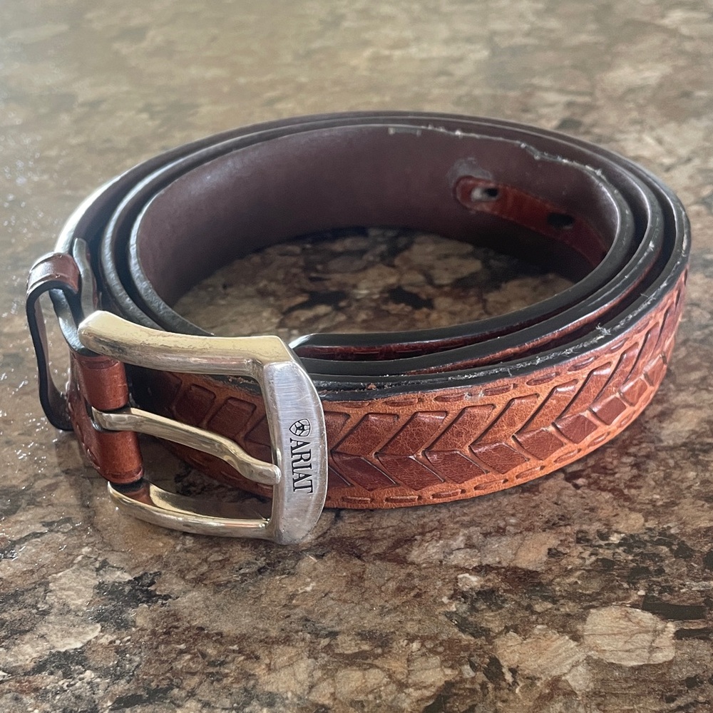 Ariat Western Brown Leather Woven Braided Men’s Belt Silver Tone Buckle Cowboy